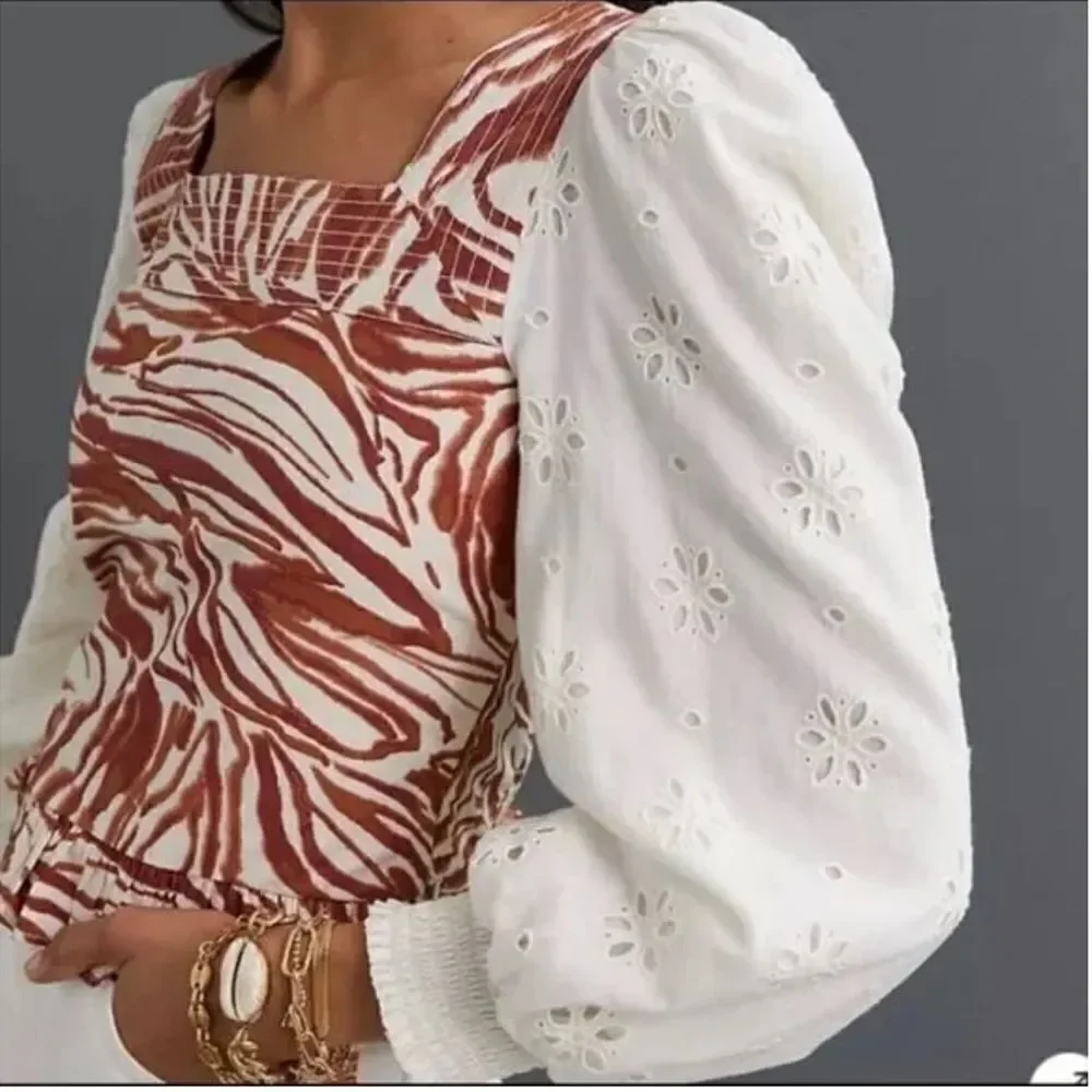 Revolve Anthropologie Love The Label Smocked Puff-Sleeve Brown Zebra Blouse